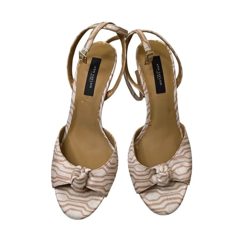 Ann Taylor Womens Open-Toe Heels With Knotted Bow Beige & White Size 8